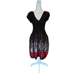 Max Edition Dress Jacquard Smocked Top Fit and Flare Black Red Womens Medium
